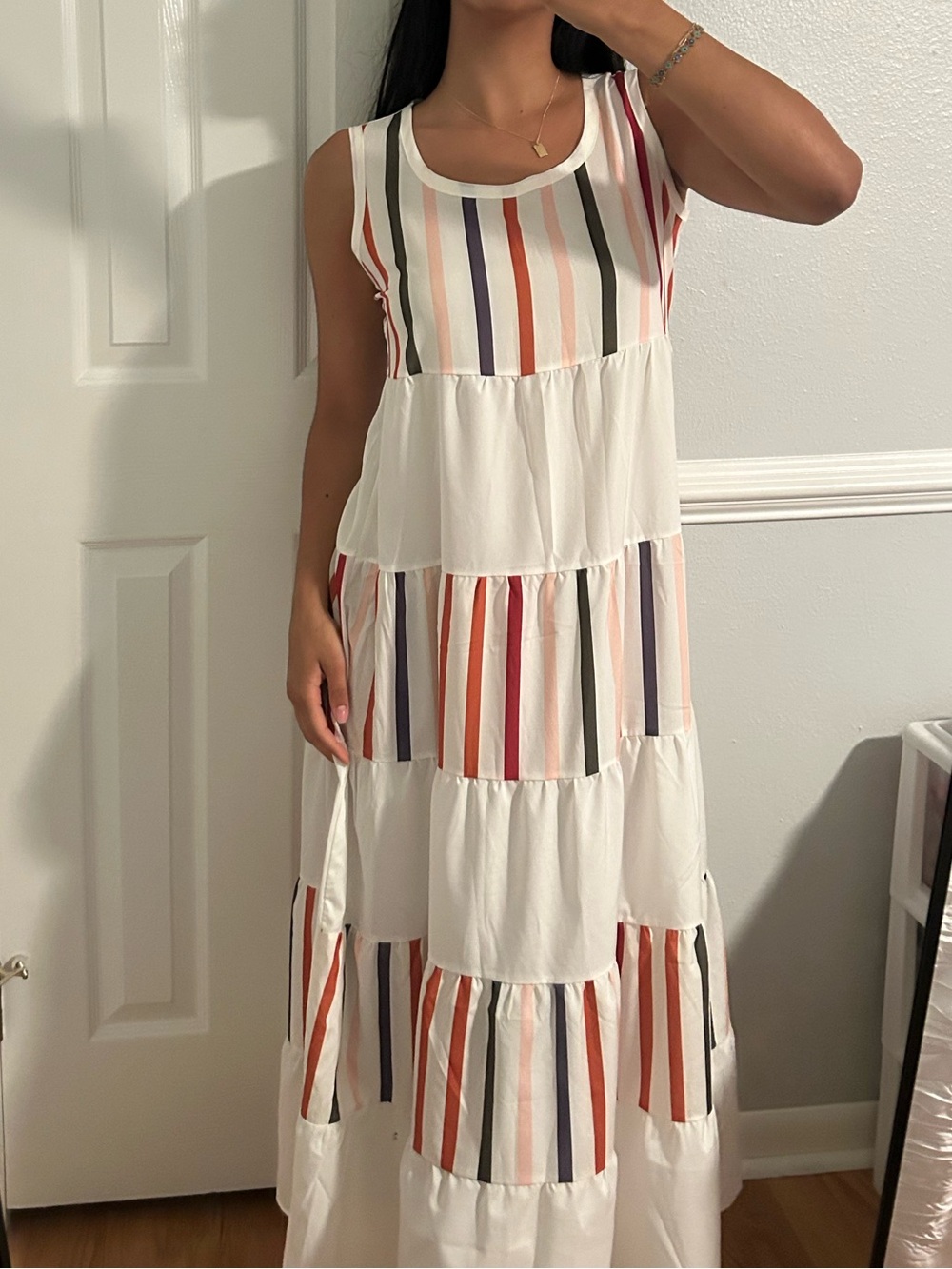 Amazon White Maxi Dress with Red, Orange, Navy and Olive Stripes